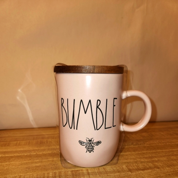 RAE DUNN BUMBLE BEE Ceramic Pink Mug Wooden Lid - Picture 1 of 6